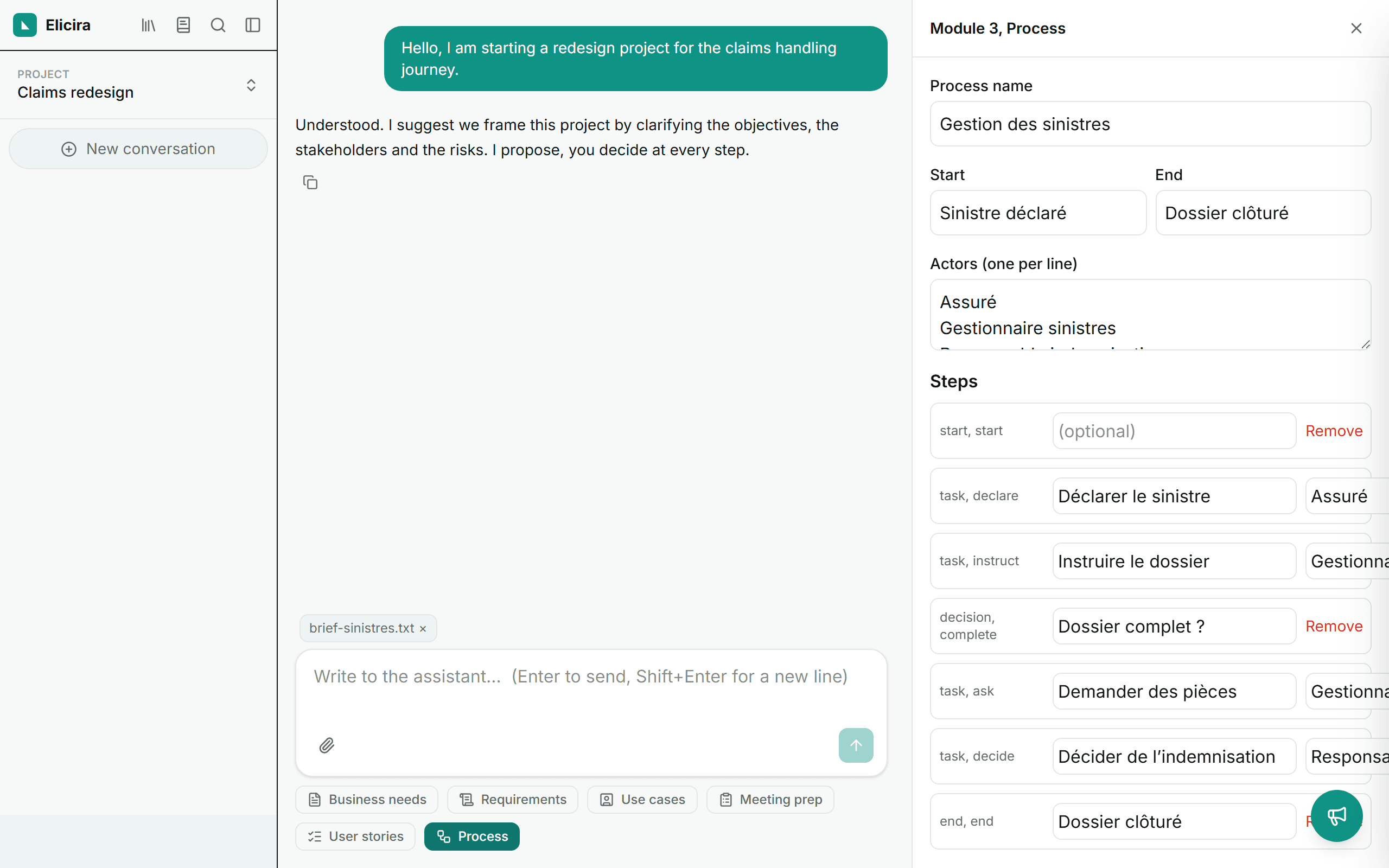The process editor with its actors, steps and flows.