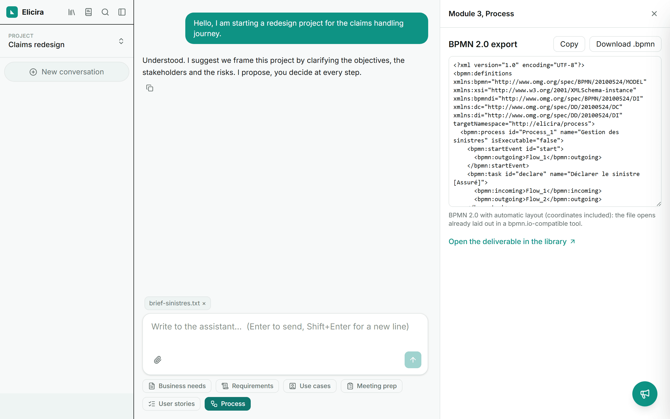 The BPMN 2.0 export, with the XML and the download button.