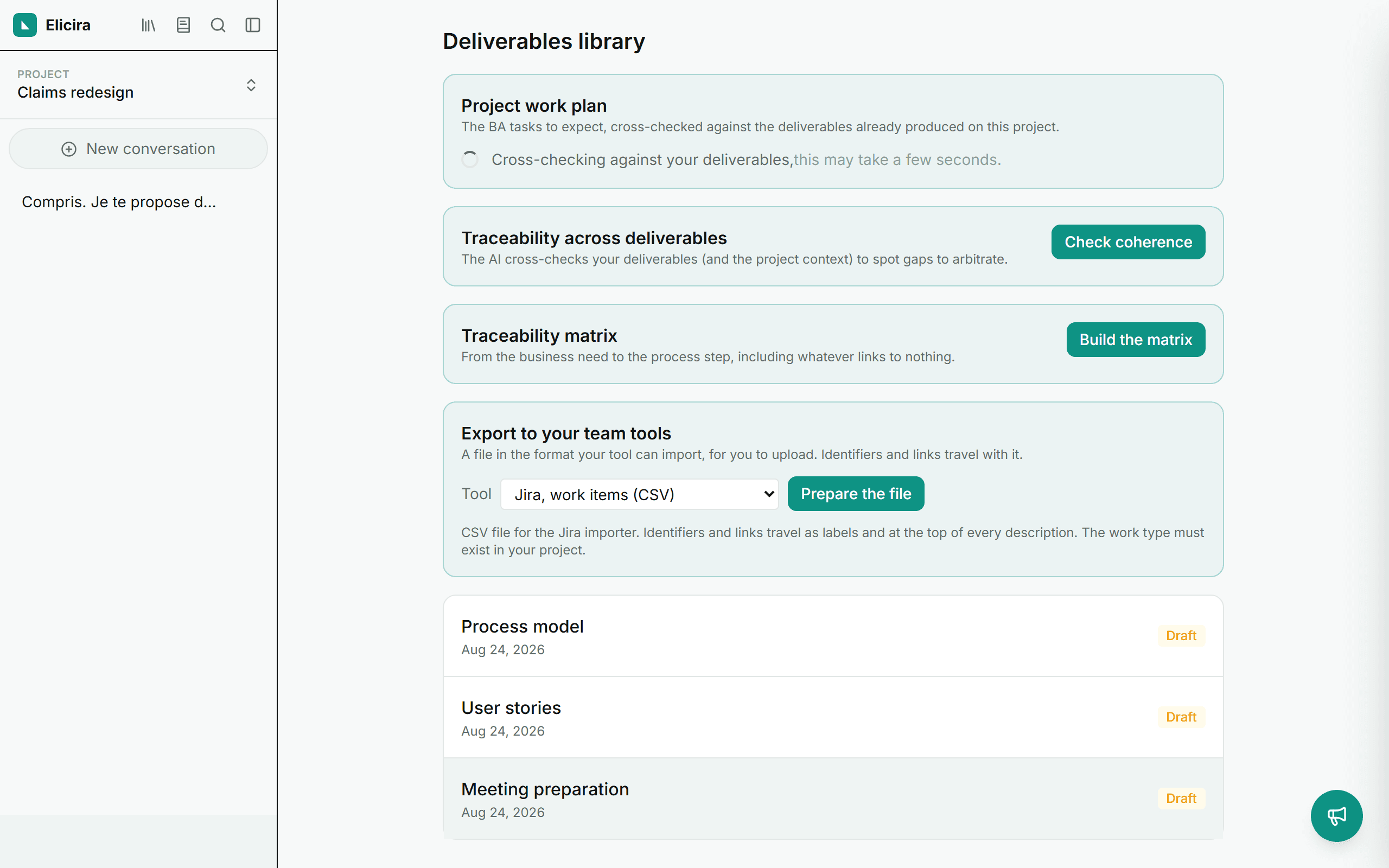 The deliverables library, with type, date and status for each entry.