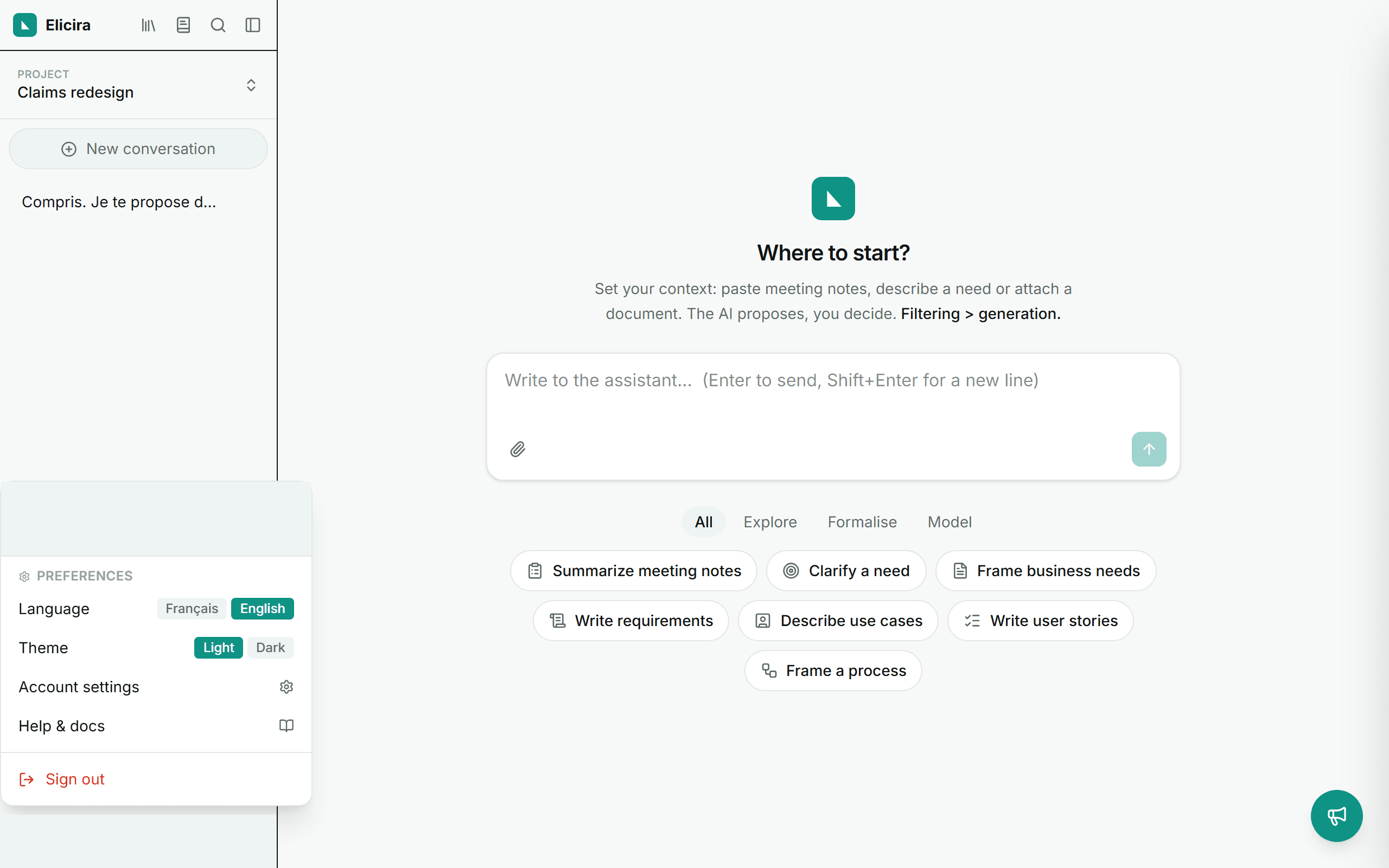 The user panel open, with the language and theme controls.