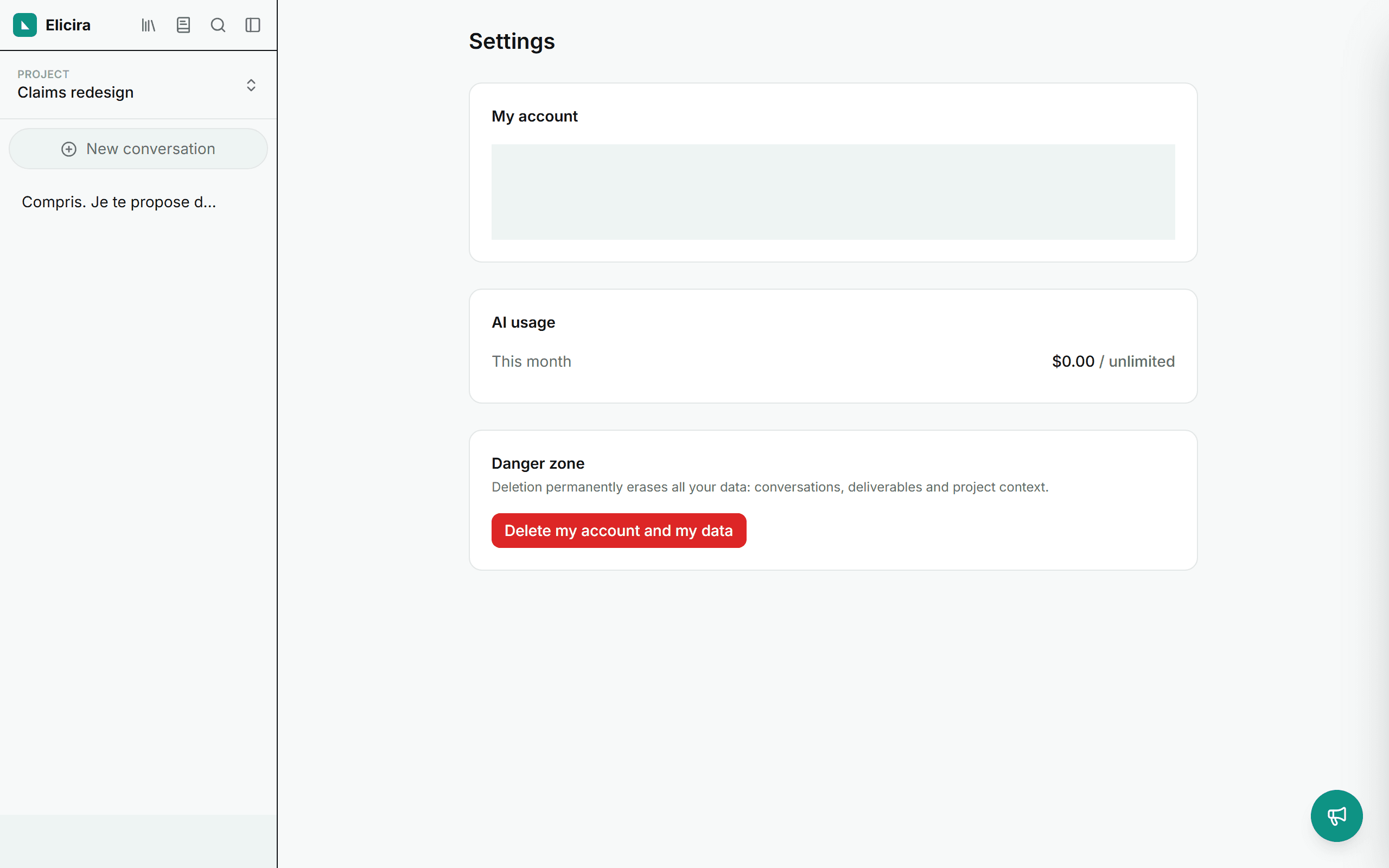 The Settings page, with AI usage tracking and the danger zone.