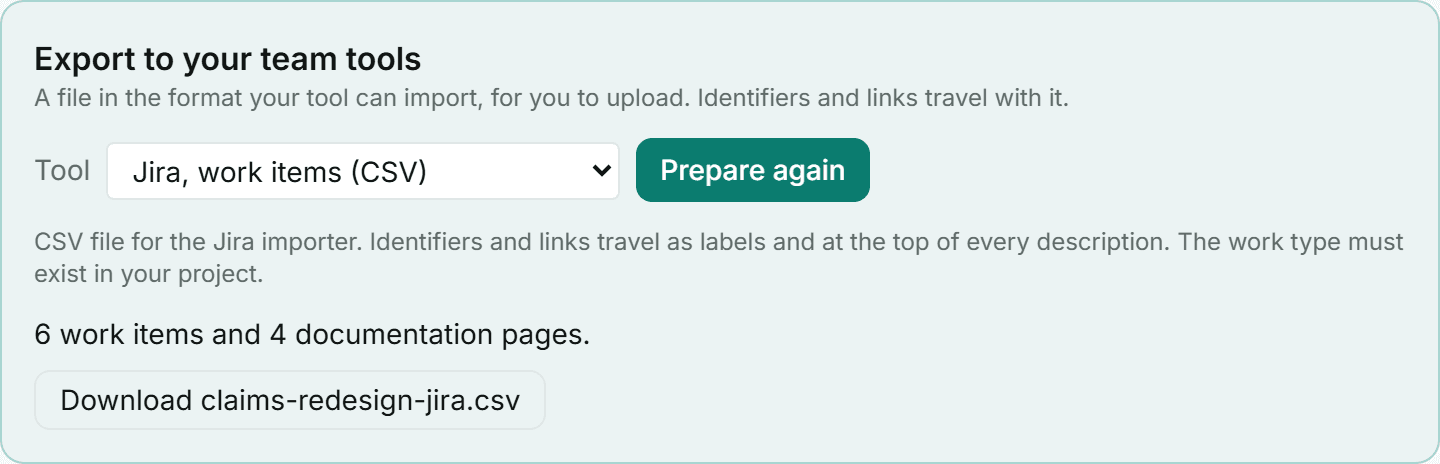 The tool export panel, with the tool picker and the prepared file.